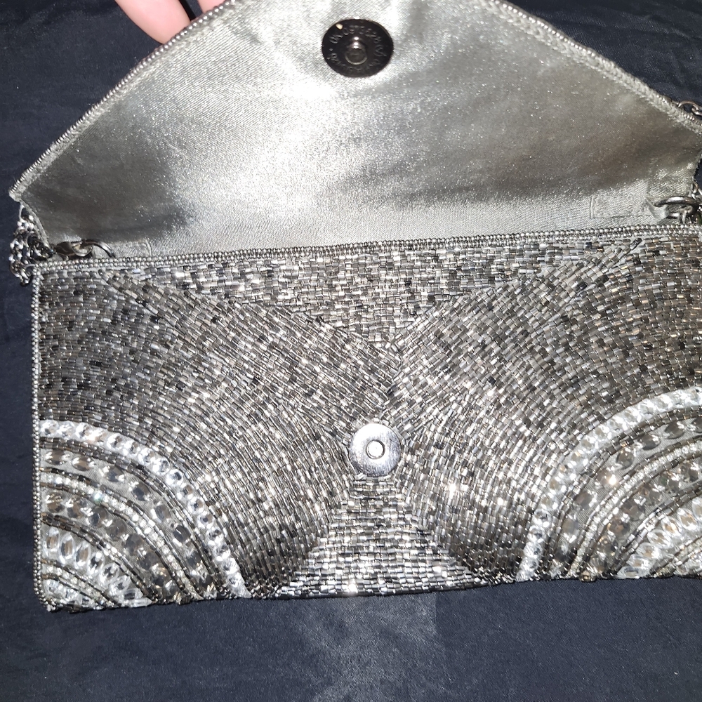 Pewter Art Deco Crystal And Beaded Envelope Purse - Picture 4 of 7